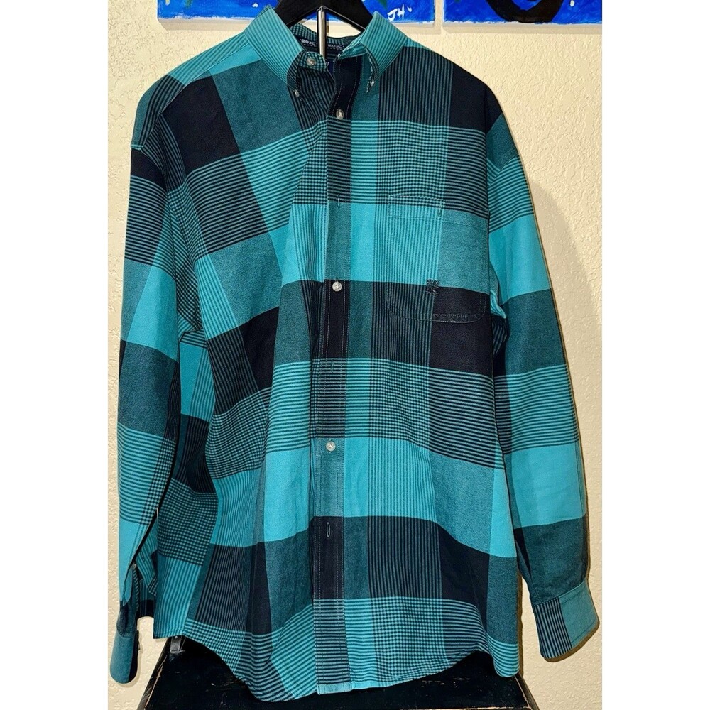 VTG Twenty X Mens Button Front Shirt Green Plaid Long Sleeve Size Medium